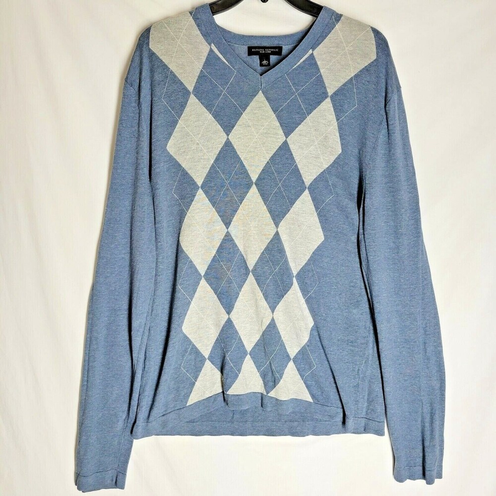 Banana Republic Mens Silk Linen Blend Long Sleeve Argyle Pullover Sweater Large
